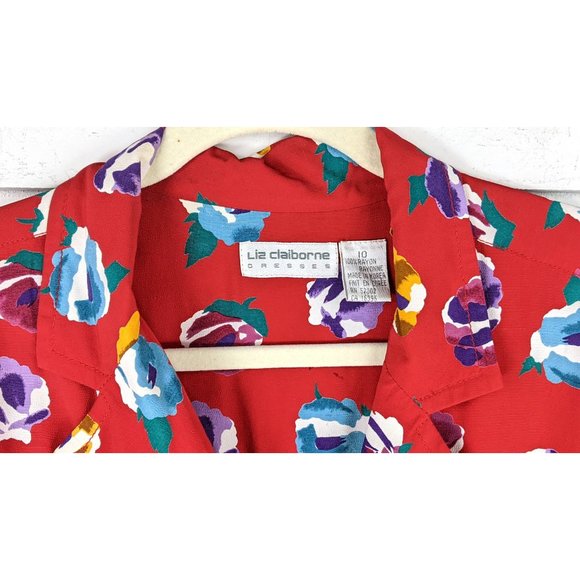 Vintage Liz Claiborne red floral short sleeve midi dress 10 - Picture 5 of 7